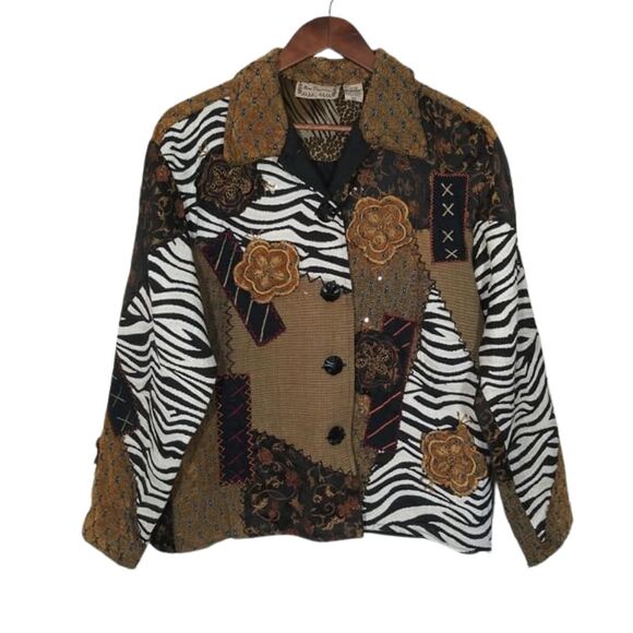 Vintage New Directions Art to Wear Floral Zebra Patchwork Grandma Blazer Medium - Picture 1 of 6
